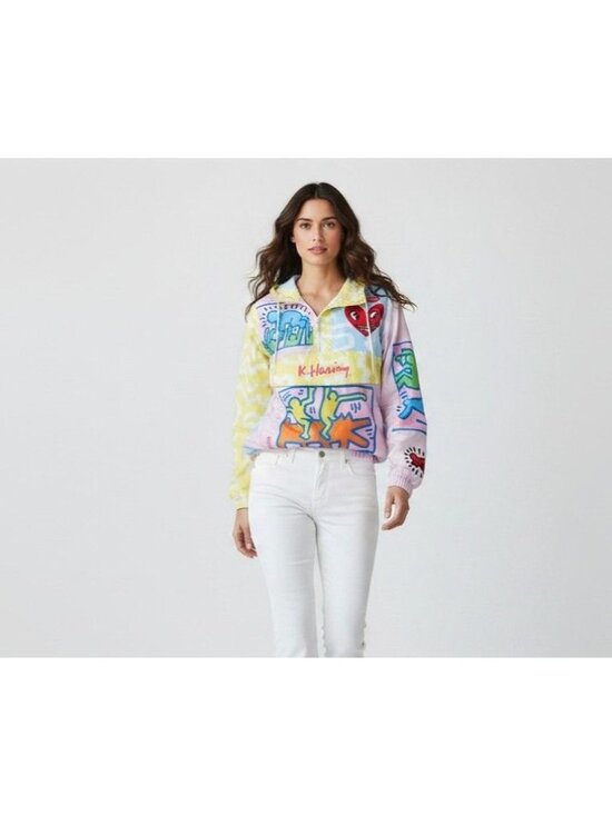 Members Only Jackets & Blazers - Members Only X Keith Haring Colorful Graffiti Zip Hooded Windbreaker Jacket Smal